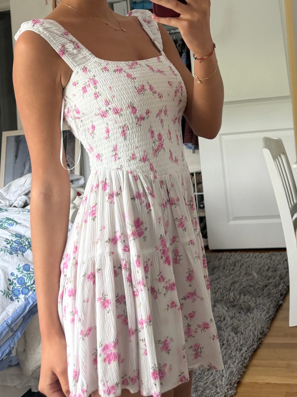White Mini Sundress with Pink Floral Print